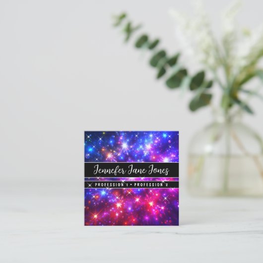 Heet Roze Galaxy Nebula Glitter Sparkle Stars Vierkante Visitekaartje (Staand voorkant)