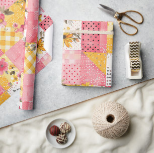 Heet roze geel quilt geruit cottagecore bloem cadeaupapier
