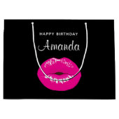 Heet Roze Glanzende Lippen op Zwarte Verjaardag Groot Cadeauzakje (Voorkant)