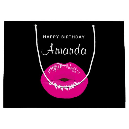 Heet Roze Glanzende Lippen op Zwarte Verjaardag Groot Cadeauzakje (Voorkant)
