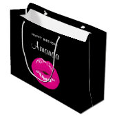 Heet Roze Glanzende Lippen op Zwarte Verjaardag Groot Cadeauzakje (Voorkant Gekanteld)