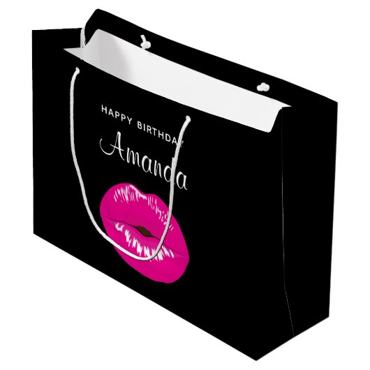 Heet Roze Glanzende Lippen op Zwarte Verjaardag Groot Cadeauzakje (Voorkant Gekanteld)
