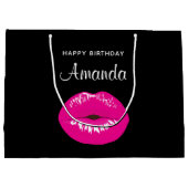 Heet Roze Glanzende Lippen op Zwarte Verjaardag Groot Cadeauzakje (Achterkant)