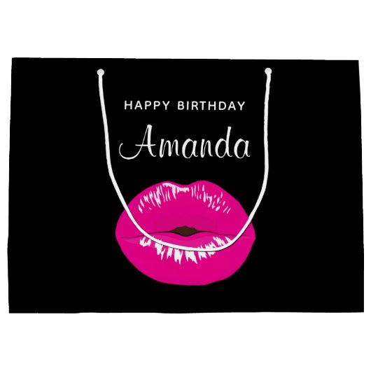 Heet Roze Glanzende Lippen op Zwarte Verjaardag Groot Cadeauzakje (Achterkant)