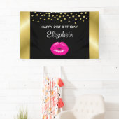 Heet Roze Glanzende Lippen op Zwarte Verjaardag Spandoek (Insitu)