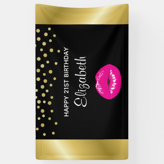 Heet Roze Glanzende Lippen op Zwarte Verjaardag Spandoek (Verticaal)