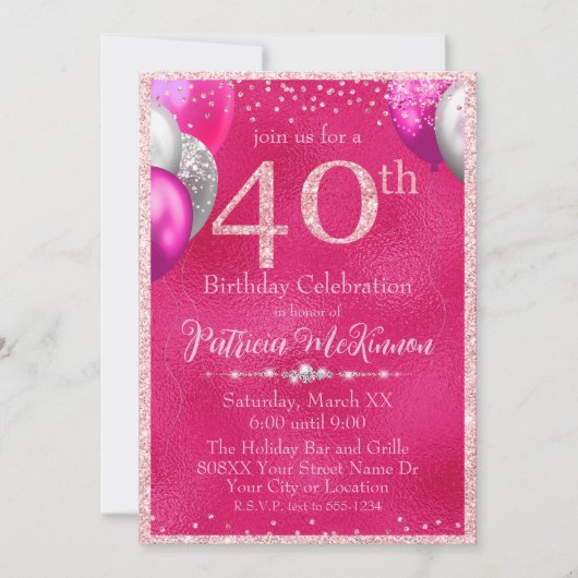 Heet Roze Glitter Ballonnen 40e Verjaardag Kaart (Voorkant)
