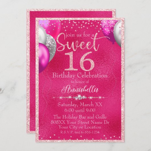 Heet Roze Glitter Ballons Zoet 16 Verjaardag Kaart (Voorkant / Achterkant)