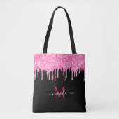 Heet Roze Glitter Drip Monogram Naam Zwart Canvas  Draagtas (Voorkant)