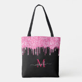 Heet Roze Glitter Drip Monogram Naam Zwart Canvas  Draagtas (Achterkant)