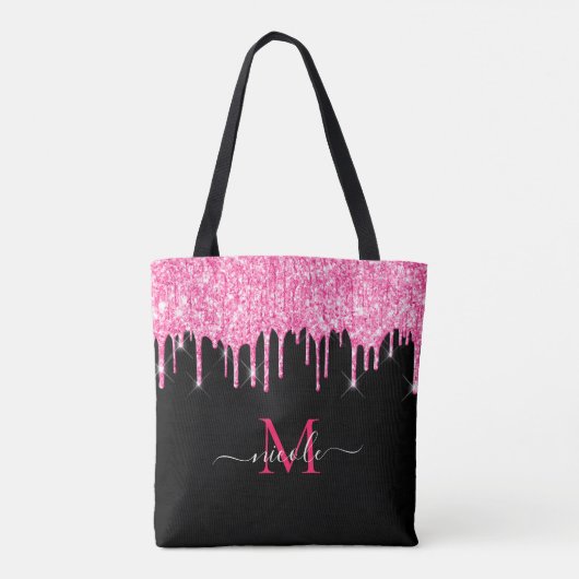 Heet Roze Glitter Drip Monogram Naam Zwart Canvas  Draagtas (Achterkant)