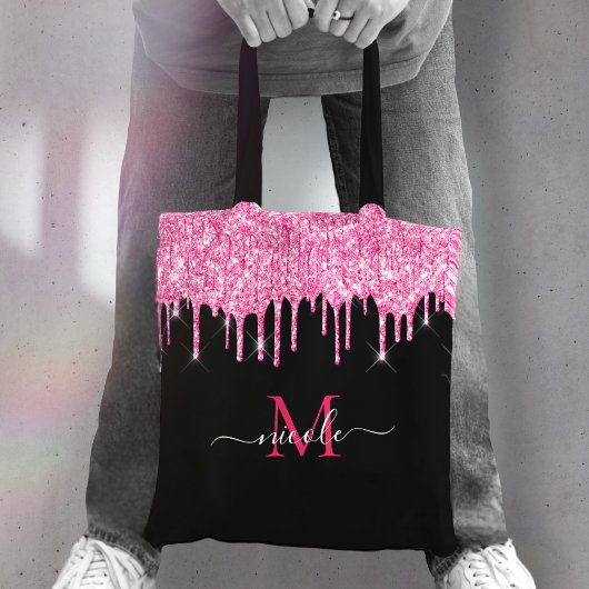 Heet Roze Glitter Drip Monogram Naam Zwart Canvas  Draagtas