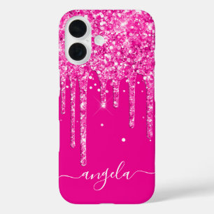 Heet Roze Glitter Druppels Glam Handtekening iPhone 16 Hoesje