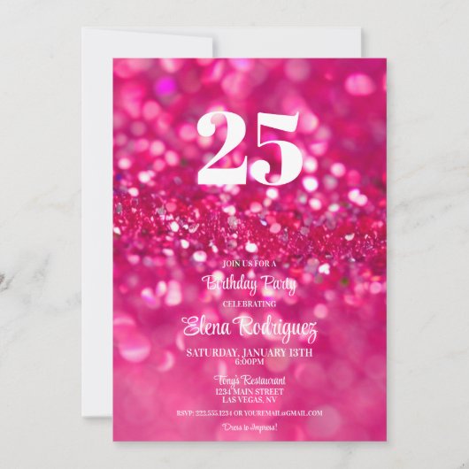 Heet Roze Glitter Glam 25e Verjaardag Uitnodiging (Voorkant)