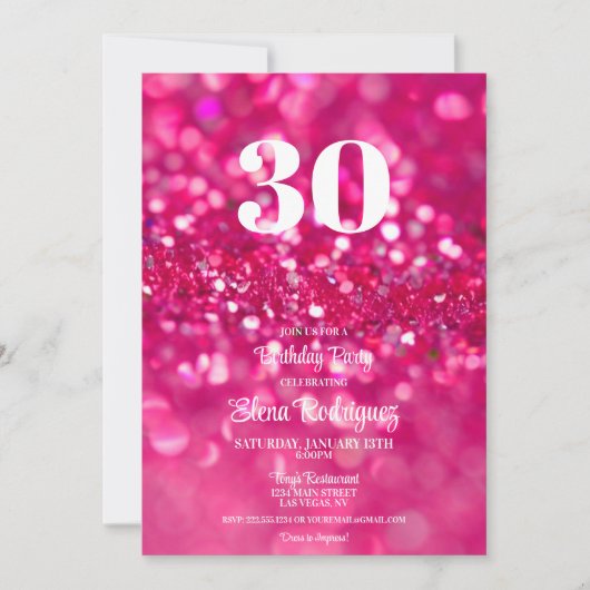 Heet Roze Glitter Glam 30e Verjaardag Uitnodiging (Voorkant)