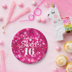 Heet Roze Glitter Glam Sweet 16 Verjaardag Papieren Bordje