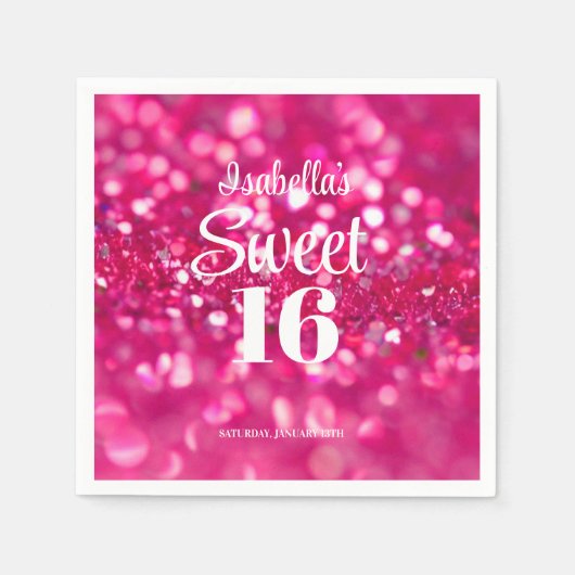 Heet Roze Glitter Glam Sweet 16 Verjaardag Servet (Voorkant)