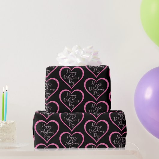 Heet Roze Glitter Hart op Zwarte Valentijnsdag Cadeaupapier (Feestgeschenken)