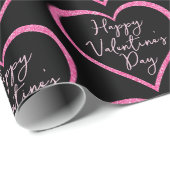 Heet Roze Glitter Hart op Zwarte Valentijnsdag Cadeaupapier (Rol Hoek)