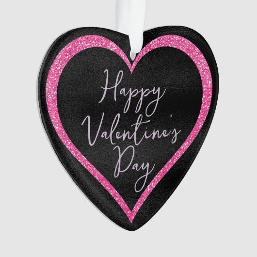 Heet Roze Glitter op Zwarte Romantische Valentijns Ornament (voorkant)