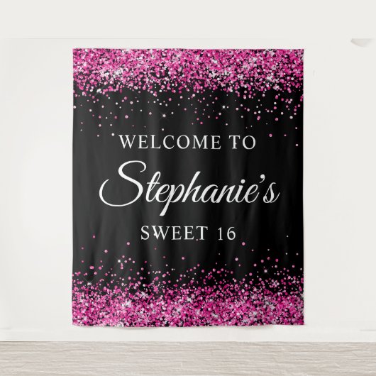 Heet Roze Glitter Zwart Lief 16 Verjaardag Welkom Wandkleed (Voorkant)