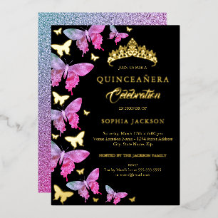 Heet Roze Goud Blauwe Vlinder Quinceanera Folie Uitnodiging