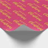 Heet Roze Goud Vrolijk Kerstmis Script Patroon Cadeaupapier (Hoek)