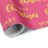 Heet Roze Goud Vrolijk Kerstmis Script Patroon Cadeaupapier (Rol Hoek)