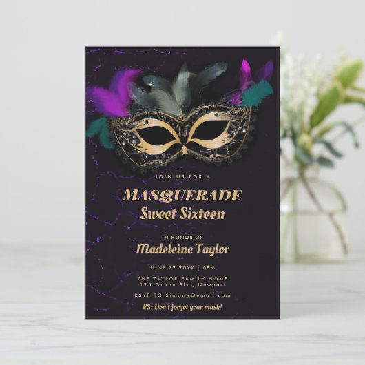 Heet Roze Goud Zwart Masker Maskerade Sweet 16 Par Kaart (Staand voorkant)