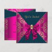 Heet roze gouden damast zwarte galajurk feest kaart (Voorkant / Achterkant)