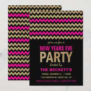 Heet Roze & Gouden Glitter Chevron Nieuwjaarsfeest Kaart