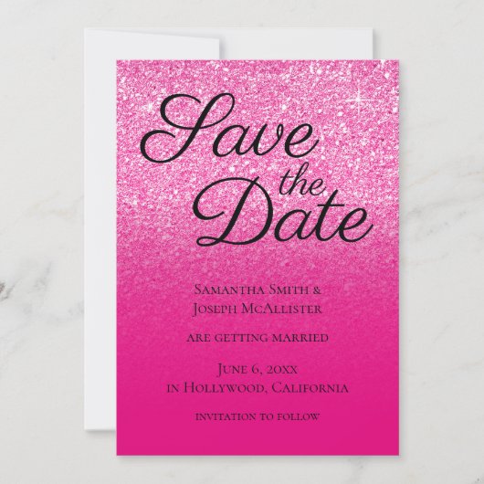 Heet Roze Gradiënt Glitters Save The Date (Voorkant)