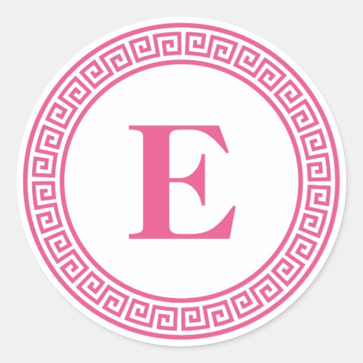Heet Roze Grieks Sleutel Grens Monogram Briefpapie Ronde Sticker (Voorkant)