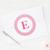 Heet Roze Grieks Sleutel Grens Monogram Briefpapie Ronde Sticker (Envelop)