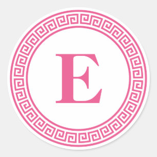 Heet Roze Grieks Sleutel Grens Monogram Briefpapie Ronde Sticker