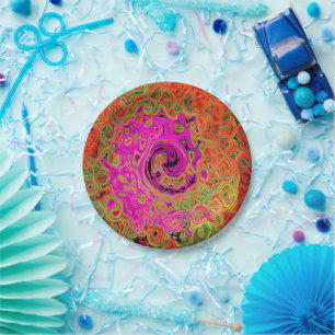 Heet Roze Groovy Abstract Retro Vloeibare Draaikol Papieren Bordje