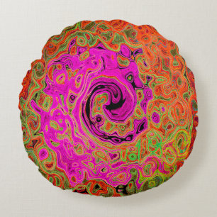 Heet Roze Groovy Abstract Retro Vloeibare Draaikol Rond Kussen