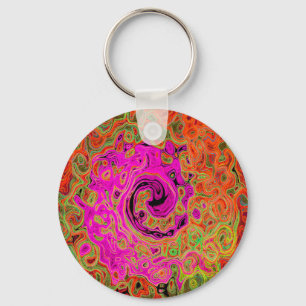 Heet Roze Groovy Abstract Retro Vloeibare Draaikol Sleutelhanger