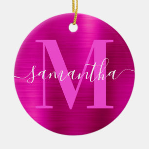 Heet Roze Handtekening Monogram Folie Foto Keramisch Ornament
