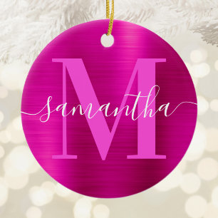 Heet Roze Handtekening Monogram Folie Foto Keramisch Ornament