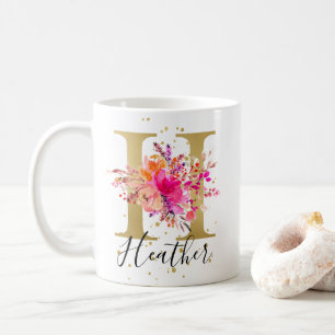 Heet Roze Helder Bloemen Letter H Monogram Koffiemok