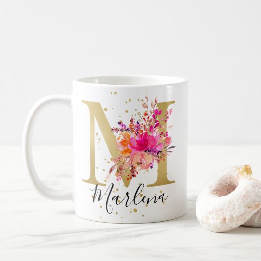 Heet Roze Helder Bloemen Letter M Monogram Koffiemok (Met donut)