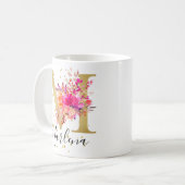Heet Roze Helder Bloemen Letter M Monogram Koffiemok (Voorkant links)