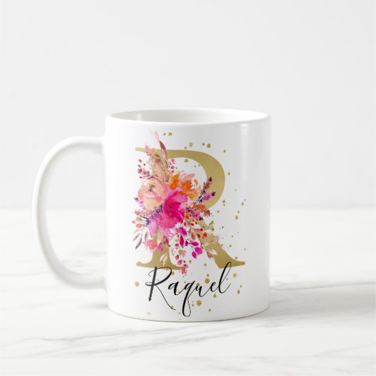 Heet Roze Helder Bloemen Letter R Monogram Koffiemok (Links)