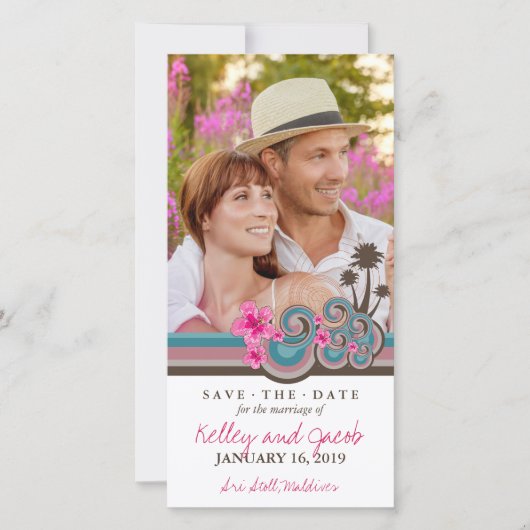 Heet Roze Hibiscus Tropisch Blauw Waves Strand Fot Save The Date (Voorkant)