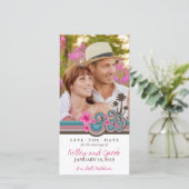 Heet Roze Hibiscus Tropisch Blauw Waves Strand Fot Save The Date (Staand voorkant)