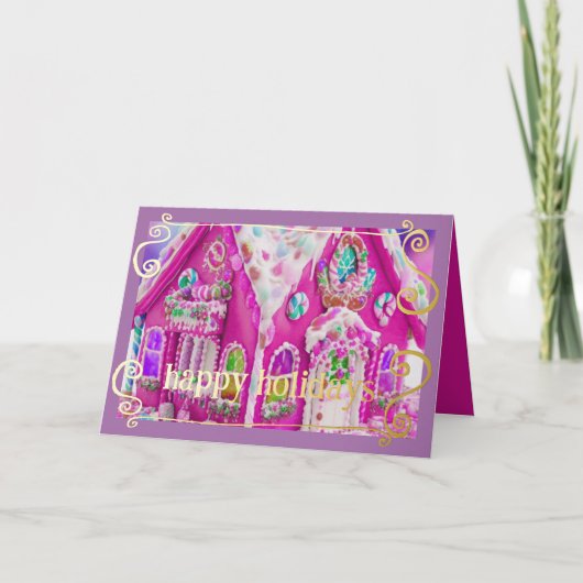 Heet Roze Ijs Gebruikte Gemberkoekhuis Candy Feestdagen Kaart (Voorkant)