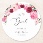 Heet roze levendige bloemen Het is een meisje Baby Ronde Kartonnen Onderzetter (Voorkant)