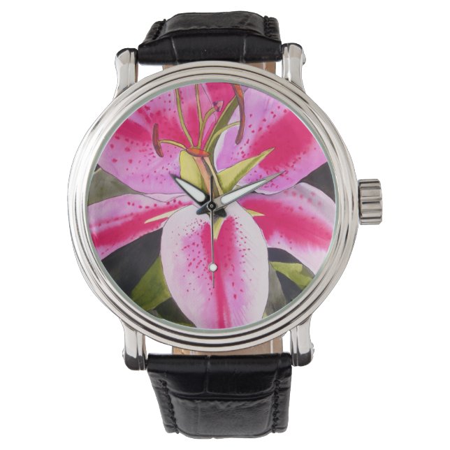 Heet-Roze liembloem waterverf pop Horloge (Voorkant)