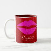 Heet Roze Lippen Rood Glitter Custom Naam Vet Mode Tweekleurige Koffiemok (Links)
